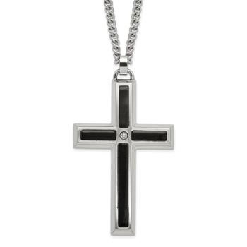 IBGoodman Stainless Steel with Black Enamel Inlay Diamond Cross 24 inch Curb Chain Necklace