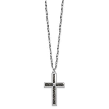 IBGoodman Stainless Steel Carbon Fiber Inlay and .02ct. Diamond Cross 24 Inch Curb Chain Necklace — alternate view
