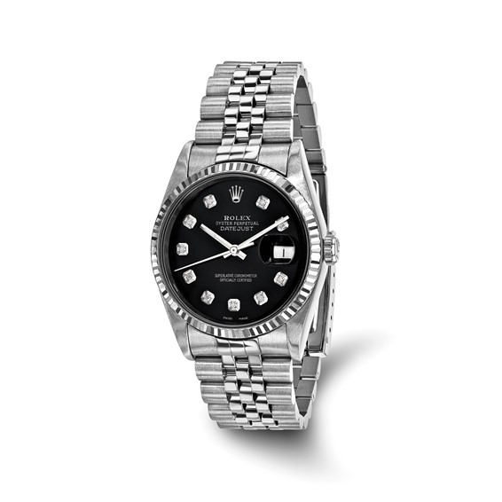 Swiss Crown™ USA Pre-owned Rolex-Independently Certified Steel 36mm Jubilee Datejust Black Diamond Dial and 18k Fluted Bezel Watch