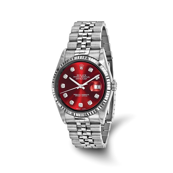 Swiss Crown™ USA Pre-owned Rolex-Independently Certified Steel 36mm Jubilee Datejust Red Diamond Dial and 18k Fluted Bezel Watch