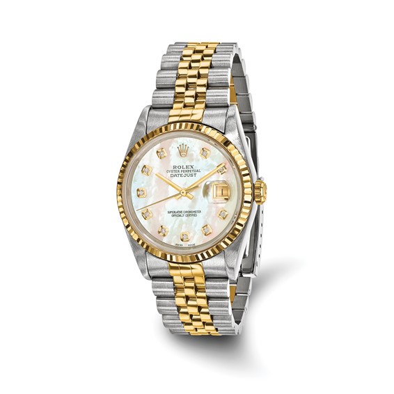 Swiss Crown™ USA Pre-owned Rolex-Independently Certified Steel and 18k 36mm Jubilee Datejust Mother of Pearl Diamond Dial and Fluted Bezel Watch
