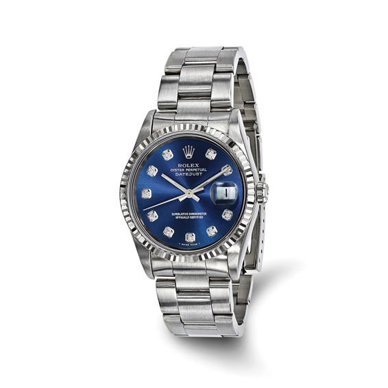 Swiss Crown™ USA Pre-owned Rolex-Independently Certified Steel 36mm Oyster Datejust Blue Diamond Dial and 18k Fluted Bezel Watch