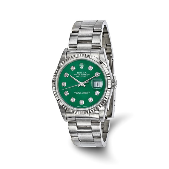 Swiss Crown™ USA Pre-owned Rolex-Independently Certified Steel 36mm Oyster Datejust Green Diamond Dial and 18k Fluted Bezel Watch