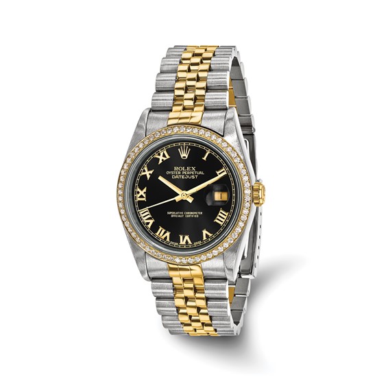 Swiss Crown™ USA Pre-owned Rolex-Independently Certified Steel and 18k 36mm Jubilee Datejust Black Roman Dial and Diamond Bezel Watch
