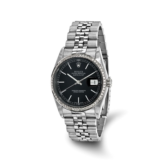 Swiss Crown™ USA Pre-owned Rolex-Independently Certified Steel 36mm Jubilee Datejust Black Dial and Diamond Bezel Watch