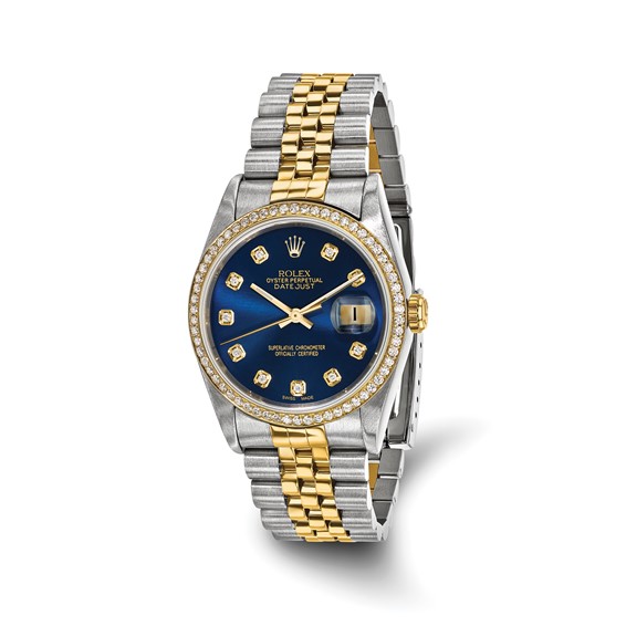 Swiss Crown™ USA Pre-owned Rolex-Independently Certified Steel and 18k 36mm Jubilee Datejust Blue Diamond Dial and Bezel Watch