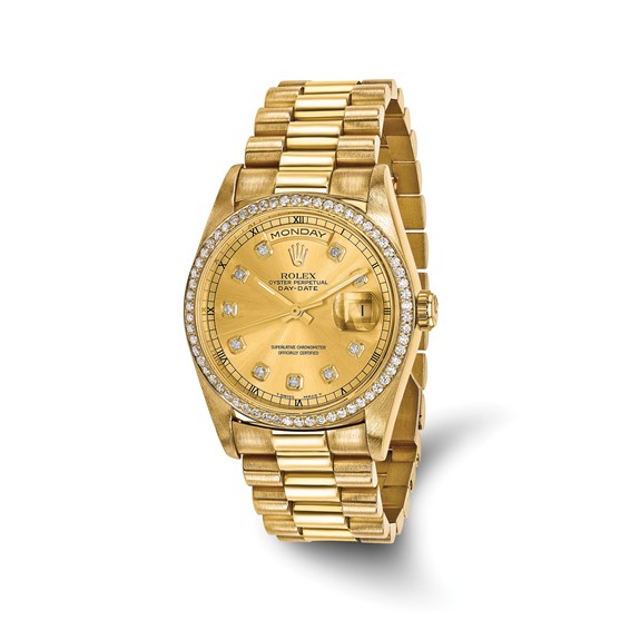 Swiss Crown™ USA Pre-owned Rolex-Independently Certified 18k 36mm Case Single Quickset Presidential Champagne Diamond Dial and Bezel Watch