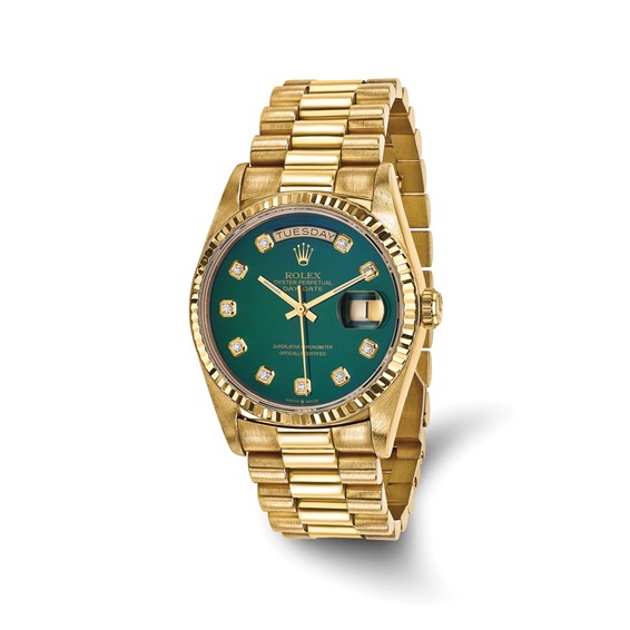 Swiss Crown™ USA Pre-owned Rolex-Independently Certified 18k 36mm Case Double Quickset Presidential Green Diamond Dial Watch