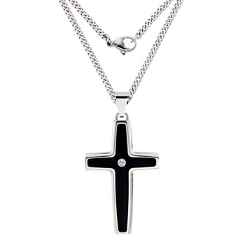 IBGoodman Stainless Steel with .03 carat Diamond Black Enameled Cross with 24 inch Curb Chain Necklace