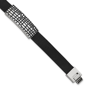 IBGoodman Stainless Steel Textured with Black Enamel ID Black Leather 7.5 inch with .5 inch extension Bracelet