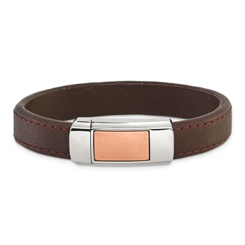 IBGoodman Stainless Steel Rose IP-plated Brown Leather 7 inch Bracelet