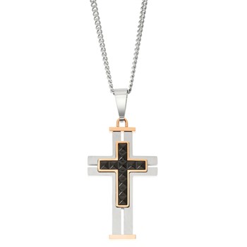 IBGoodman Stainless Steel Black and Rose IP-plated with Black Spinel Cross with 24 inch Curb Chain Necklace