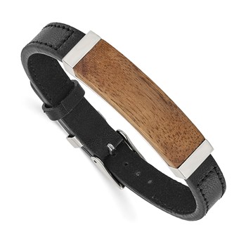 IBGoodman Stainless Steel Walnut Wood Leather 7 to 9 inch Bracelet