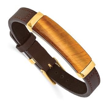 IBGoodman Stainless Steel Yellow IP-plated Tiger's Eye Brown Leather 7 to 9 inch Bracelet