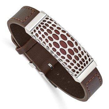 IBGoodman Stainless Steel Red Agate Brown Leather 7 to 9 inch Bracelet