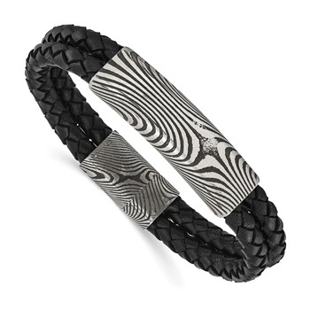 IBGoodman Stainless Steel with Damascus Steel Black Leather Bracelet