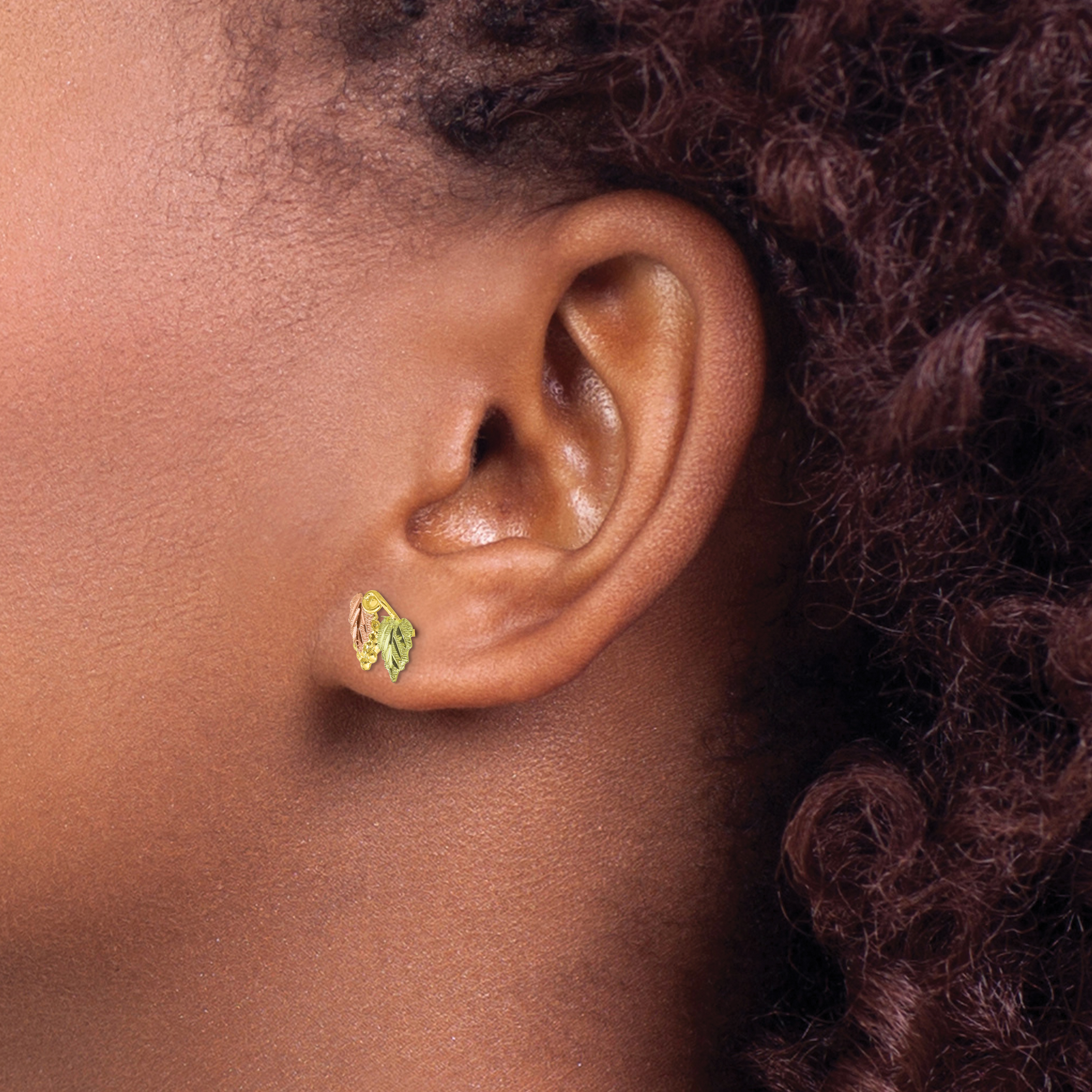 12k Tri-color Black Hills Grapes and Leaves Post Earrings 10x9mm 10k detailed image 3