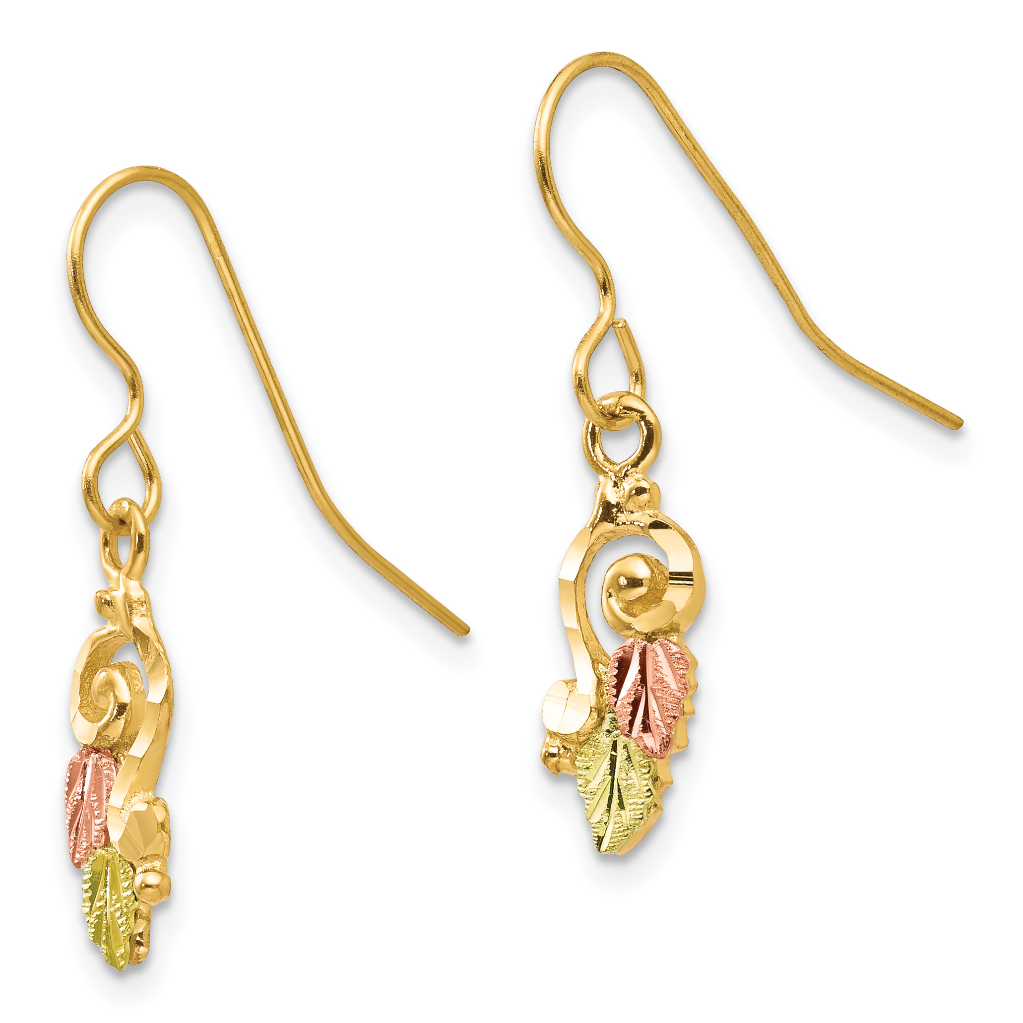 12k Tri-color Gold Black Hills Leaves Scroll Earrings 10k Tri-color Gold 26x6mm detailed image 2