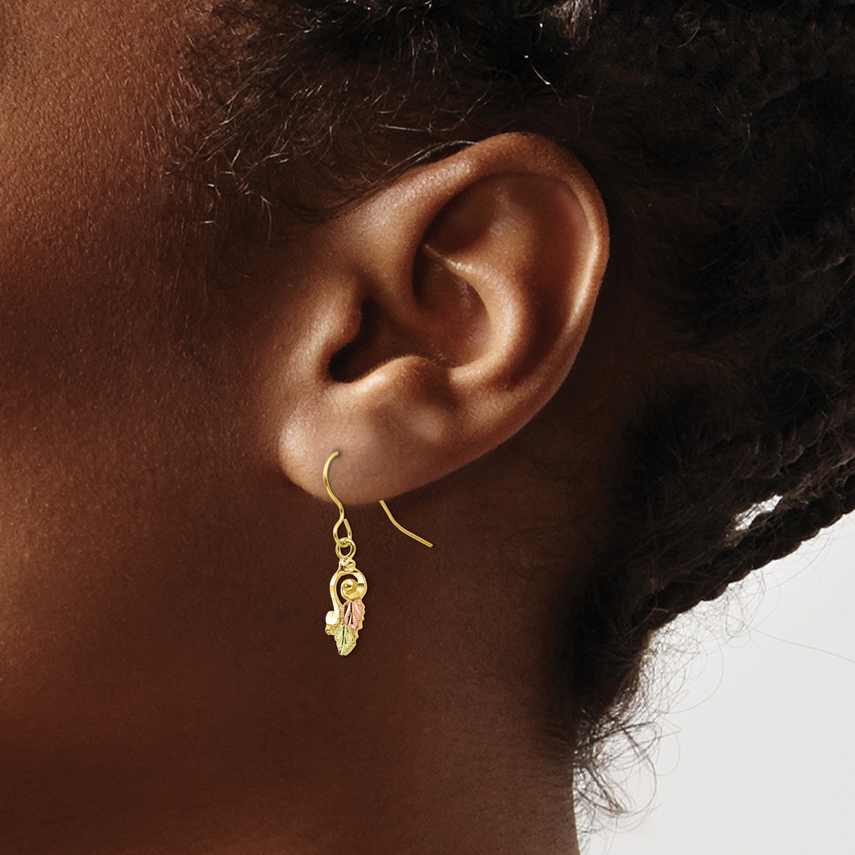 12k Tri-color Gold Black Hills Leaves Scroll Earrings 10k Tri-color Gold 26x6mm detailed image 3