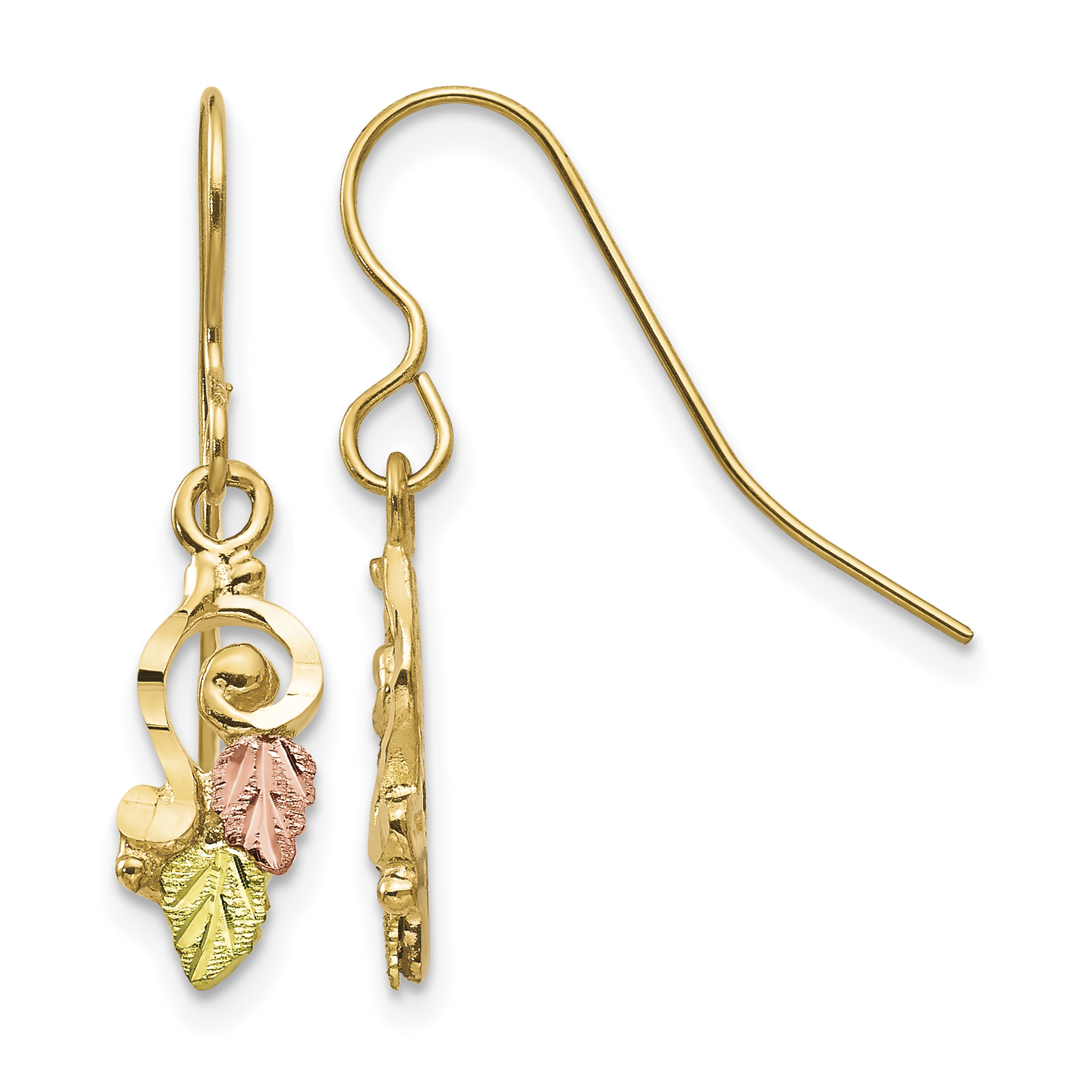 12k Tri-color Gold Black Hills Leaves Scroll Earrings 10k Tri-color Gold 26x6mm main product image