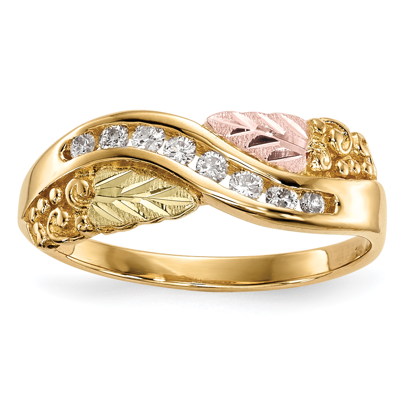 10k and 12k Tri-color Black Hills Gold Grapes and Leaves 1/6 carat Diamond Ring