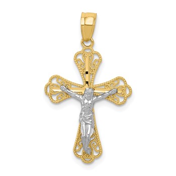 10K w/ Rhodium Filigree Crucifix Pendant