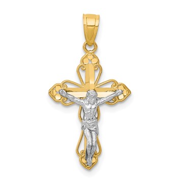 10K with Rhodium Filigree Crucifix Pendant