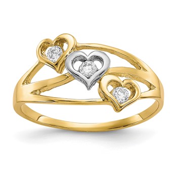 10K with Rhodium Triple Heart 3 Stone CZ Ring
