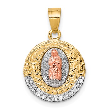 10K Two-Tone (Yellow Gold and Rose Gold) w/ White Rhodium CZ Our Lady Of Guadalupe Round Pendant