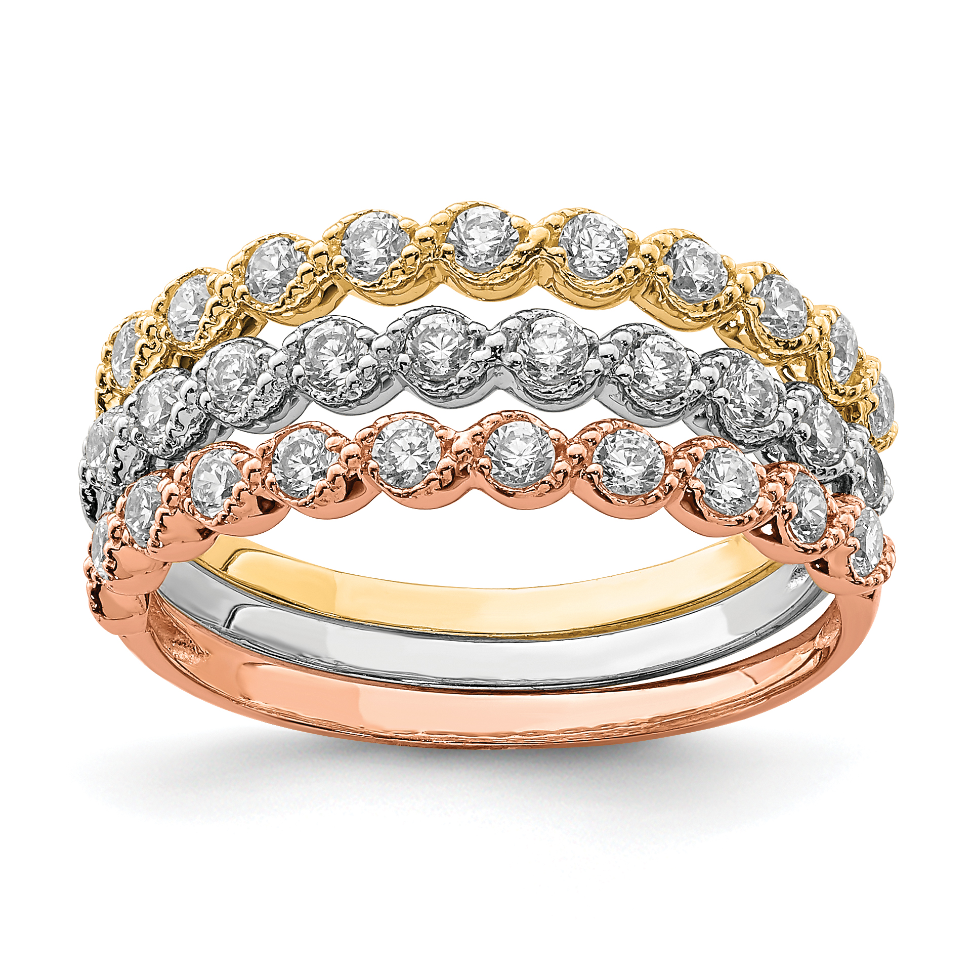 10K Tri-color Set of Three Stackable Clear CZ Rings
