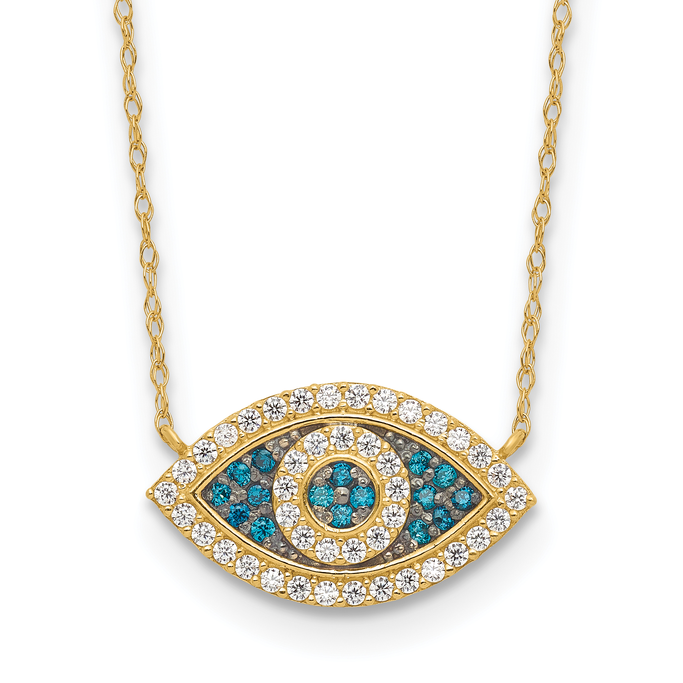 10K Polished Blue and Clear CZ Evil Eye 16 inch with 2 inch Extender Necklace
