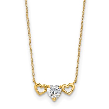 10k Polished Heart CZ Center with Two Open Hearts 18.5 inch Necklace