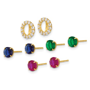 "10k Set of Three Red, Blue and Green Glass Stone Studs with CZ Halo Jacket Post Earrings" — alternate view