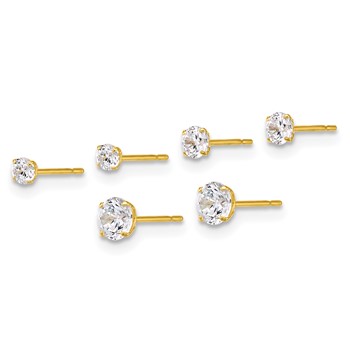 10k Polished CZ Round 2.5mm 3.00mm and 4.00mm Set of 3 Pair Stud Post Earrings — alternate view