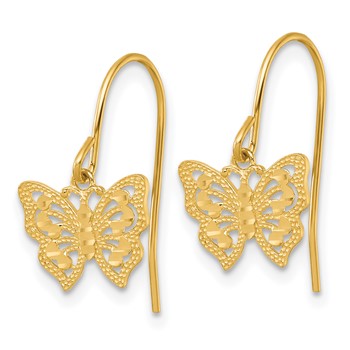 10k Polished and Diamond-cut Pierced Butterfly Shepherd Hook Dangle Earrings — alternate view