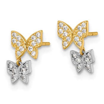10k Two-Tone Double Butterfly with White CZ Dangle Post Earrings — alternate view