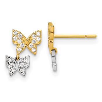 10k Two-Tone Double Butterfly with White CZ Dangle Post Earrings