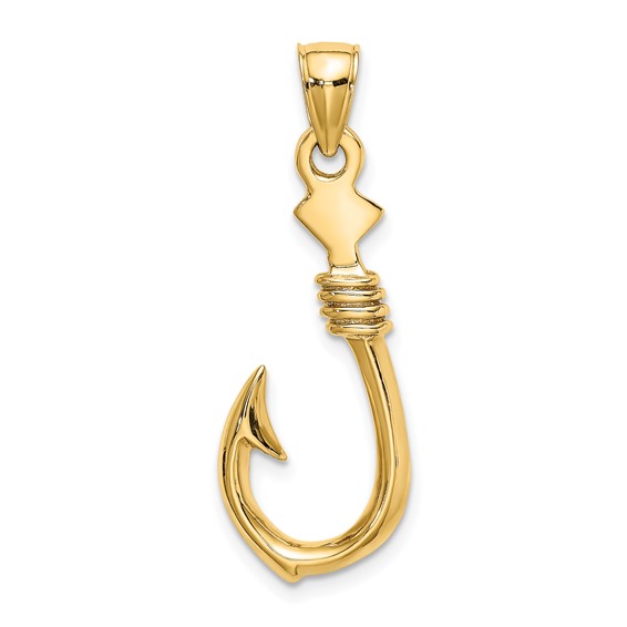 10K 3-D Large Fish Hook with Rope Charm - Quality Gold