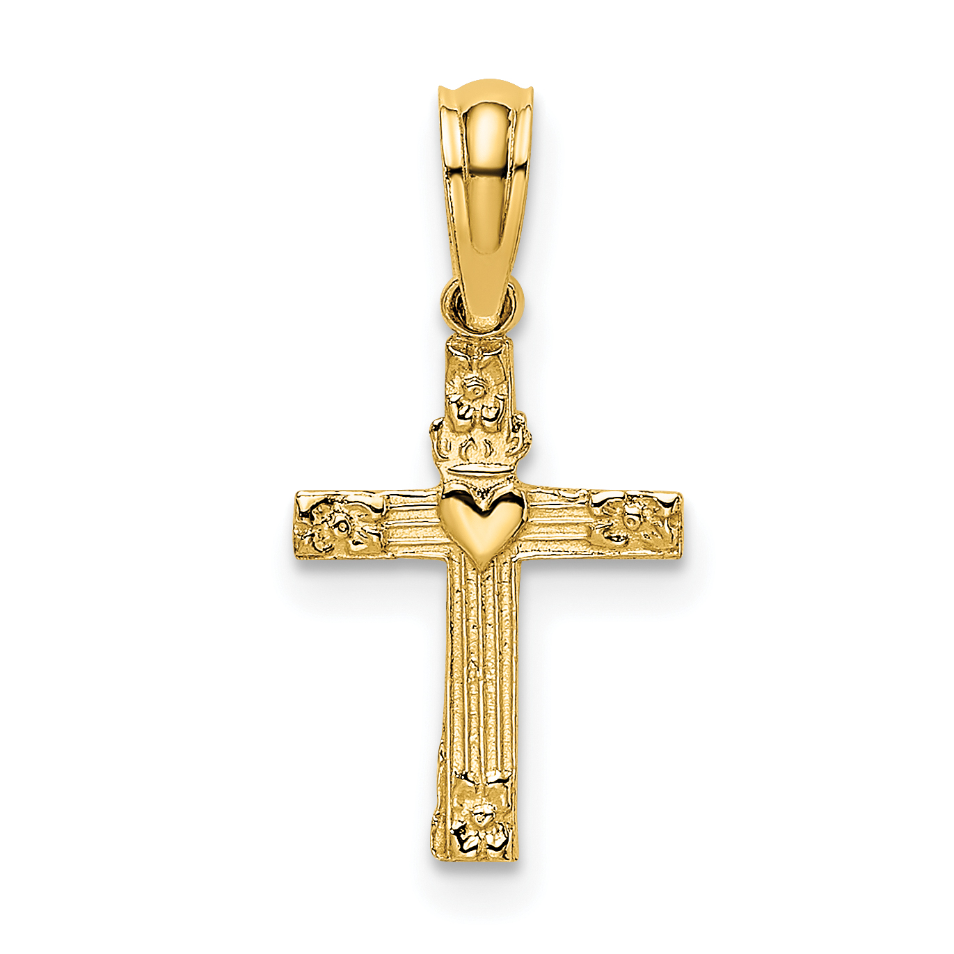 10K Textured Mini Cross with Heart Center Charm