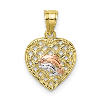 10K Two-tone with Rhodium Double Dolphins On Woven Heart Charm