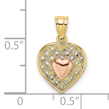 10k Yellow and Rose Gold Polished Heart On Woven Heart Charm — alternate view