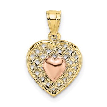10k Yellow and Rose Gold Polished Heart On Woven Heart Charm