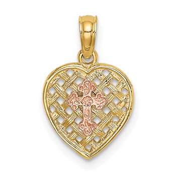10K Two-Tone Cross on Woven Heart Charm
