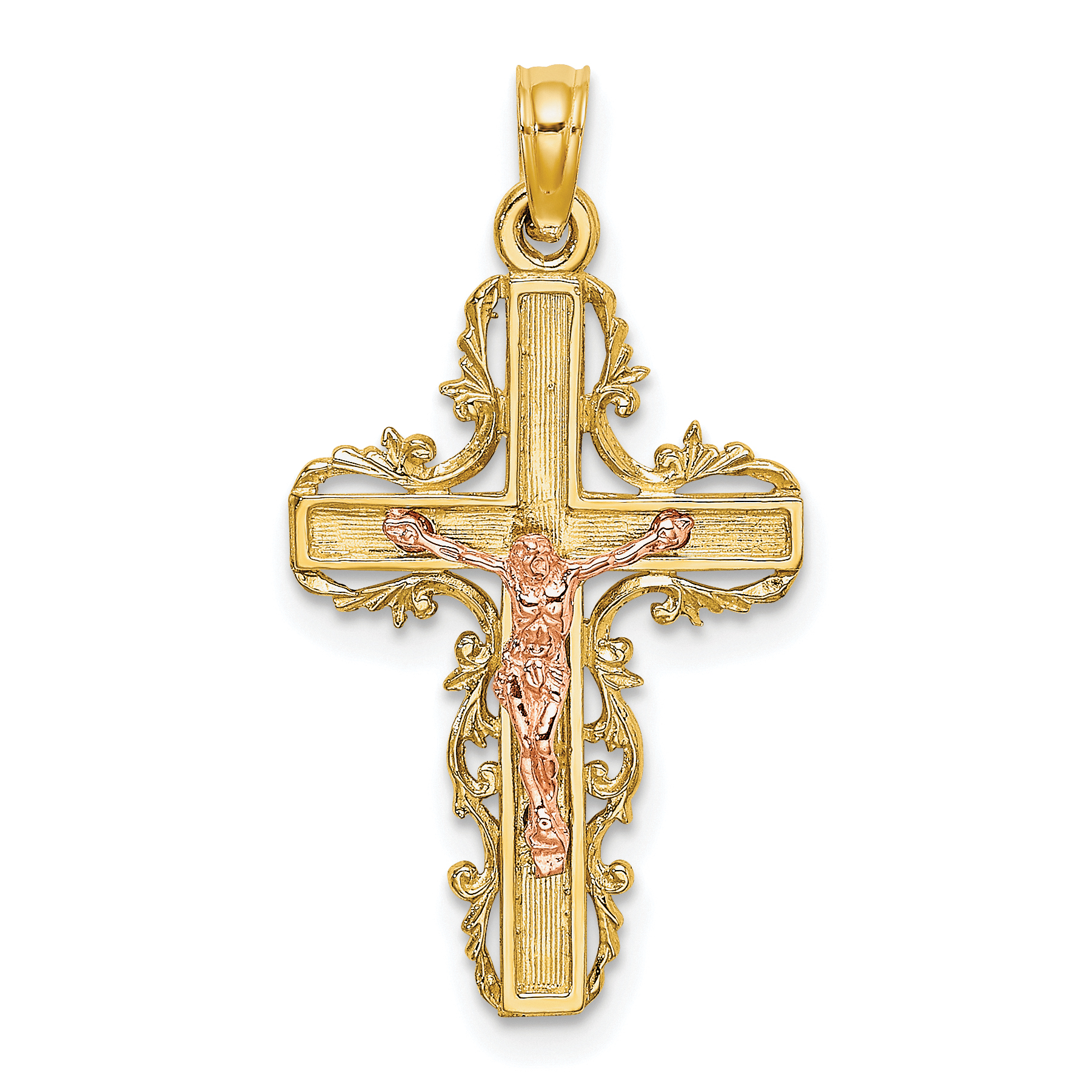 Crucifix Pendant, Gold, 10 kt., Two-toned Lacey-edged, store INRI