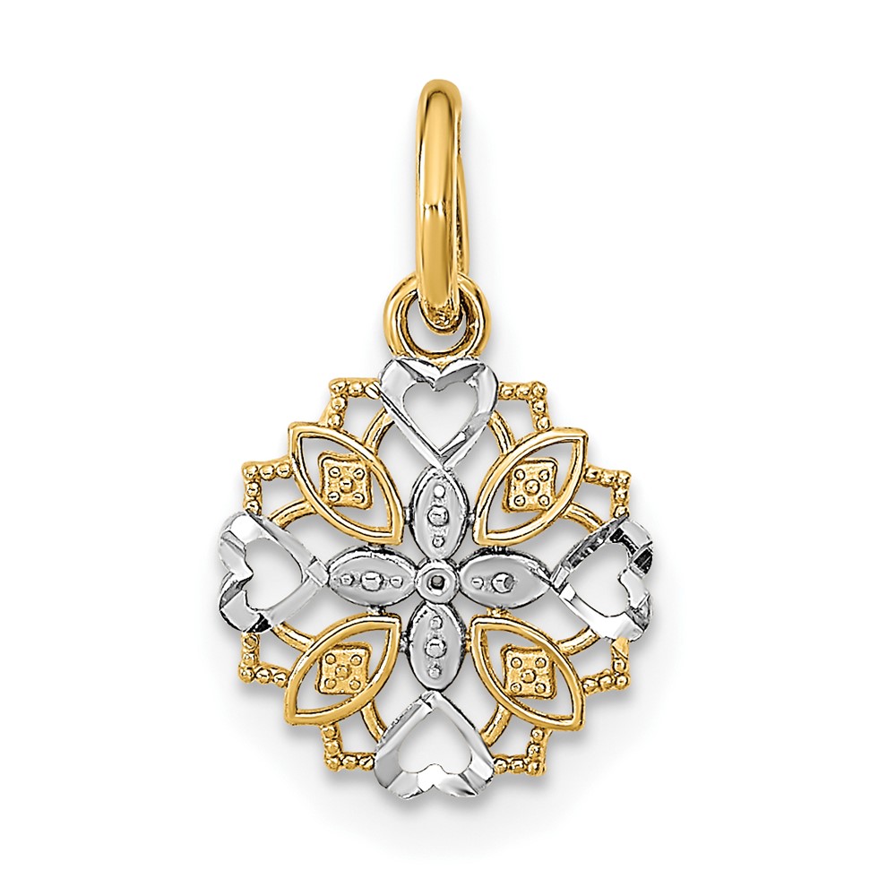 10K w/Rhodium Cut-Out Heart Edge Flower Charm