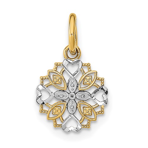 10K w/Rhodium Cut-Out Heart Edge Flower Charm