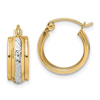 10K & Rhodium Diamond Cut Small Hoop Earrings