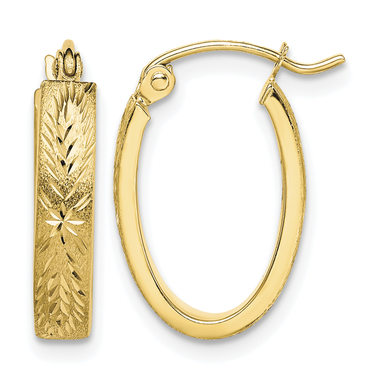 10K Brushed Diamond Cut Oval Hoop Earrings