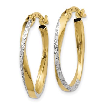 10k w/White Rhodium Textured and Polished Oval Hoop Earrings — alternate view