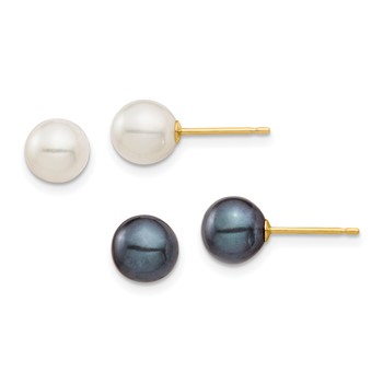 10K 6-7mm Black and White Round Freshwater Pearl 2 Pair Stud Post Earrings Set